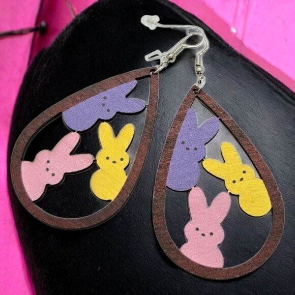 Easter Bunny Rabbit Earrings Spring Peeps Cute Wood Large 3" Dangle Jewelry NEW - Picture 5 of 6